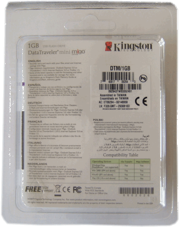 Kingston Mini 1GB flash drive (DTM/1GB) blister packaging