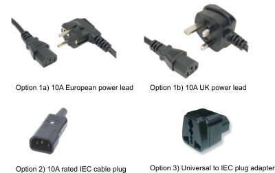 Options: IEC mains power cable (UK or Schuko plug), IEC cable plug, Universal to IEC plug adapter